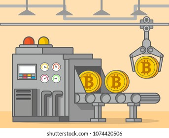 Factory conveyor bitcoin cryptocurrency mining.Golden coin.Digital money. Flat line art vector manufactory.