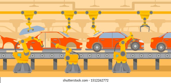 Factory conveyor. Car assembly. Intelligent industry automatic robot.Vector flat illustration plant.Robots with manipulators. Modern sedan assembly line.Vehicle side view.