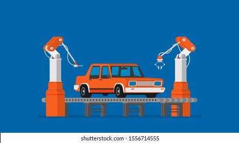 Factory conveyor. Car assembly. Intelligent industry automatic robot.Vector flat illustration plant.