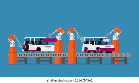 Factory conveyor. Car assembly. Intelligent industry automatic robot.Vector flat illustration plant.