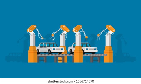 Factory conveyor. Car assembly. Intelligent industry automatic robot.Vector flat illustration plant.