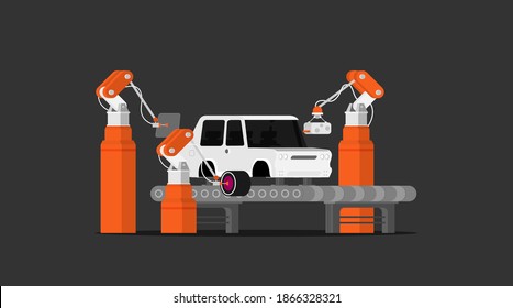 Transmisor de fábrica. Montaje de coches. Robot automático de la industria inteligente.Planta de ilustración plana vectorial.