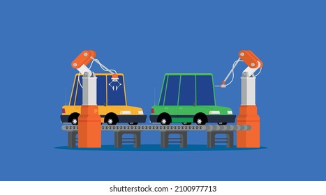 Factory conveyor. Car assembly. Intelligent industry automatic robot.Vector flat illustration plant.