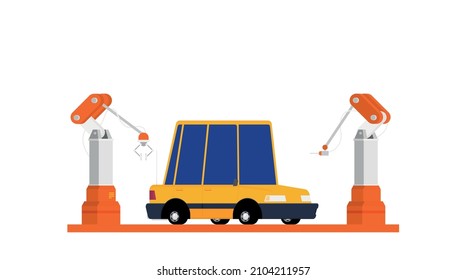 Transmisor de fábrica. Montaje de coches. Robot automático de la industria inteligente.Planta de ilustración plana vectorial.