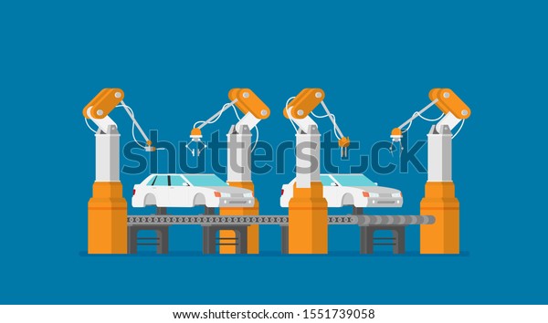 Factory conveyor. Car assembly.\
Intelligent industry automatic robot.Vector flat illustration\
plant.