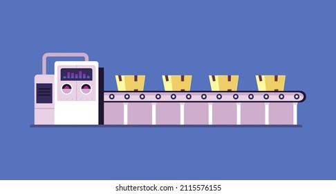 Factory conveyor with carton boxes on the belt, flat vector illustration isolated on blue background. Packing and assembling process. Concept of machine automation at industrial manufactory.