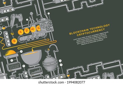 Factory conveyor of crypto currency mining. Bitcoin production concept. Blockchain technology. Digital money and e-commerce. Flat style vector illustration with industrial equipment and place for text