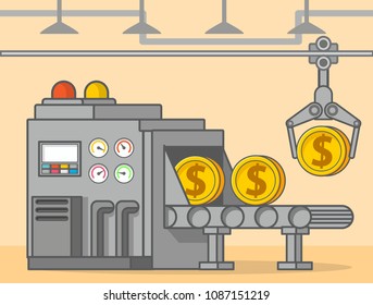 Factory conveyor dollar.Press of money of the USA.Flat line art vector manufactory.Website banner concept.Cash income making a profit business.