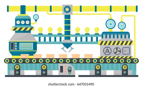 Factory conveyor industrial line packing cardboard boxes. Robotic conveyor belt system, Industrial machine, production line, engineering concept. Flat design vector illustration.