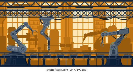 Factory conveyor line with computer robots in technology industry, vector background. Production machine with robotic arms on factory conveyor belt, machinery assembly process of automated manufacture