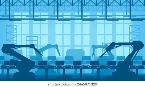 Factory conveyor line with robots, technology industry and production machines, vector background. Industrial factory robotic arms with boxes on conveyor line belt of automated machinery manufacture