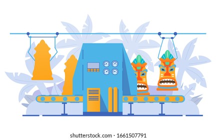 Factory conveyor for the manufacture of tiki masks. Production line hawaiian tribal mask. Vector cartoon style. Isolated on a white background.