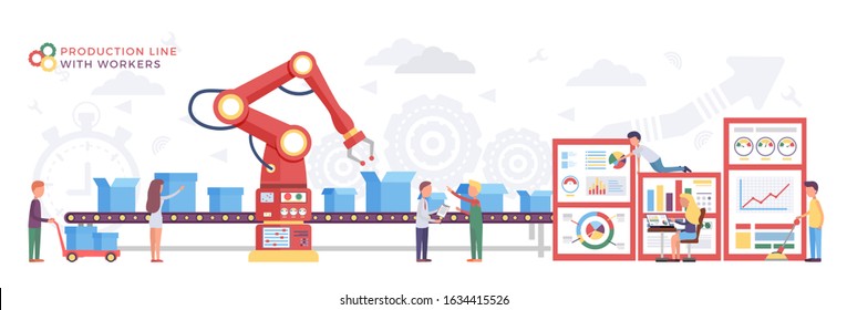 Factory conveyor on packing, automatic production line with cardboard boxes on manufacture. Industry workers and producing process, charts and diagrams. Industrial machine, engineering, illustration