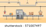 The factory conveyor on packing in flat style. Conveyor Automatic Production Line with Cardboard Boxes.Production Process on the Line Conveyor.Industrial machine.engineering vector illustration