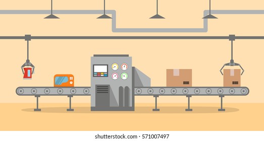 The Factory Conveyor On Packing In Flat Style. Conveyor Automatic Production Line With Cardboard Boxes.Production Process On The Line Conveyor.Industrial Machine.engineering Vector Illustration