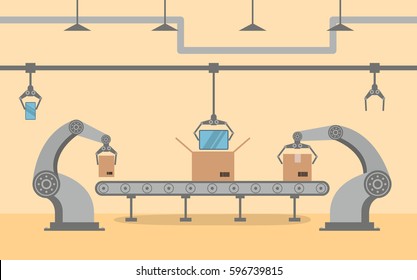 Smartphone transportador de fábrica embalagem em uma caixa em estilo plano.Robotic mão, braço, dispositivo apontador. Linha de Produção com caixas de papelão. Máquina industrial. fabricação de fábrica da indústria de robôs.