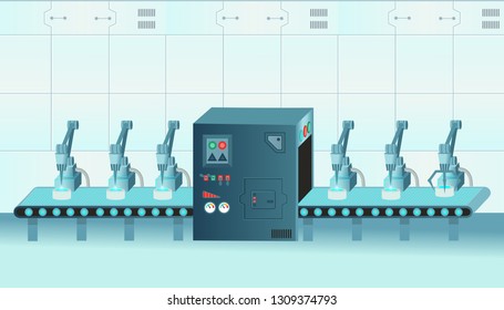 Factory conveyor. Robot arms with conveyor line. Vector cartoon illustration