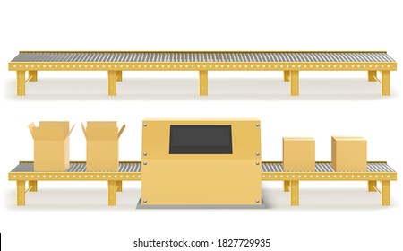 Factory Conveyor System Belt With Cardboard Boxes Engineering Machine Line. Vector Illustration