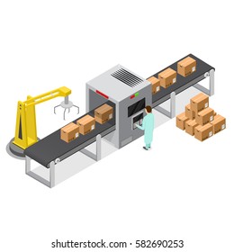 Factory Conveyor System Belt with Cardboard Boxes Engineering Machine Line Isometric View. Vector illustration