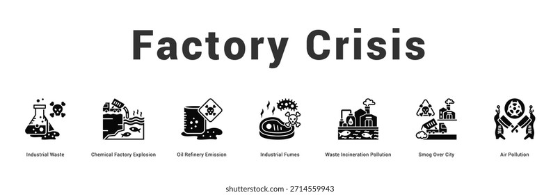 Factory Crisis Ilustración de Anuncio de Web moderno y limpio con íconos temáticos para la comunicación visual