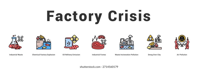 Factory Crisis Ilustración de Anuncio de Web moderno y limpio con íconos temáticos para la comunicación visual