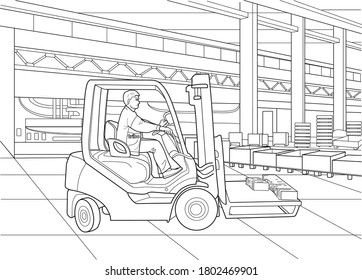 At the factory. Delivery. Coloring pages. Outline drawing.