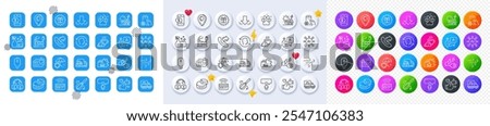 Factory, Delivery truck and Like line icons. Square, Gradient, Pin 3d buttons. AI, QA and map pin icons. Pack of Download, Phone payment, Video conference icon. Vector