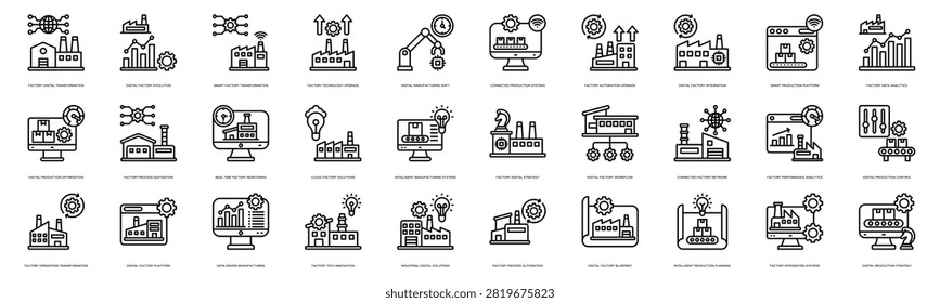Factory Digital Transformation icon line illustration. Digital Factory Evolution, Smart Factory Transformation, Factory Technology Upgrade, Digital Manufacturing Shift, Connected Production Systems 