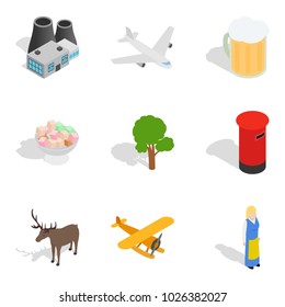 Factory district icons set. Isometric set of 9 factory district vector icons for web isolated on white background