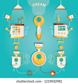 Factory of dream, wishmaster, production of hapiness concept vector illustration