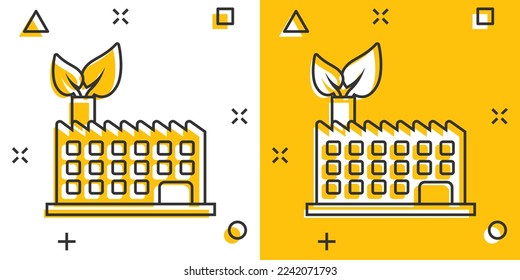 Factory ecology icon in comic style. Eco plant cartoon vector illustration on white isolated background. Nature industry splash effect business concept.