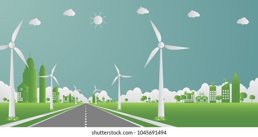 Factory ecology,Industry icon,Wind turbines with trees and sun Clean energy with road eco-friendly concept ideas.vector illustration