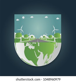 Factory ecology,Industry icon,Wind turbines with trees and sun Clean energy with road eco-friendly concept ideas,Green cities help the world.vector illustration
