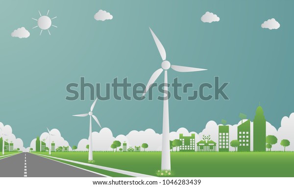 Factory ecology,Industry icon,Wind turbines\
with trees and sun Clean energy with road eco-friendly concept\
ideas.vector\
illustration