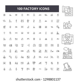 Factory editable line icons, 100 vector set, collection. Factory black outline illustrations, signs, symbols