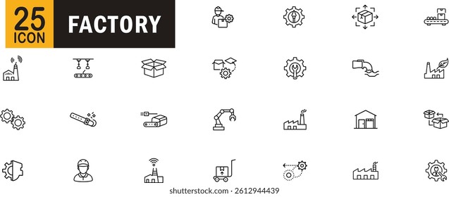 Factory editable outline icon set. Manufacturing, production, industry, automation, logistics and more.