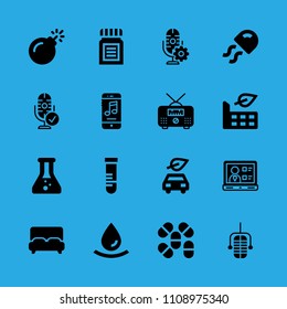 factory, electric car, radio, bed, laptop, chemistry, pills, drop and microphone vector icon. Simple icons set