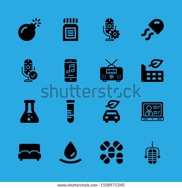 factory,\
electric car, radio, bed, laptop, chemistry, pills, drop and\
microphone vector icon. Simple icons\
set