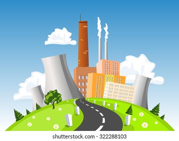 Factory, electrical generating plant, atomic or nuclear power plant on the hill, vector illustration