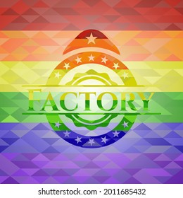 Factory emblem on mosaic background with the colors of the LGBT flag. 