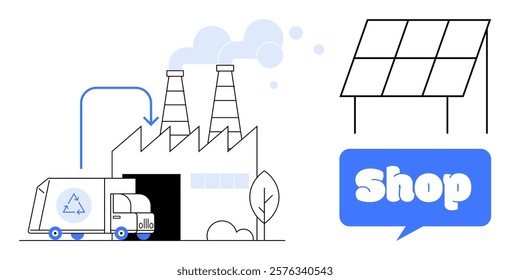 Factory with emissions, recycling truck, solar panel, and shop sign indicating an industrial and eco-friendly theme. Ideal for sustainable industry, renewable energy, e-commerce, recycling