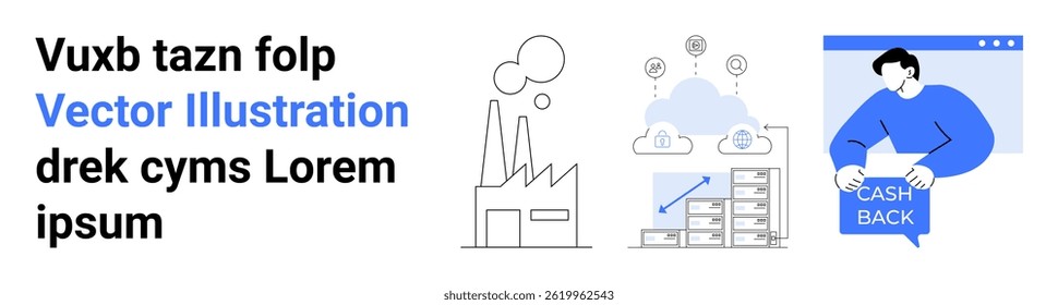 Factory emitting smoke, cloud with data points, bar chart and storage, person displaying cash back. Ideal for technology, cloud computing, industry, finance, marketing, data analysis, and e-commerce