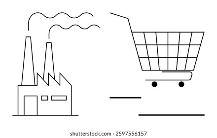 Factory emitting smoke on the left and a shopping cart on the right. Ideal for industrial production, retail store concepts, consumer goods, supply chain topics, and economic discussions. Minimalist