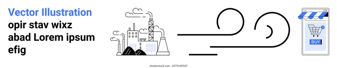 Factory emitting smoke representing pollution on the left contrasted with a clean shopping cart and store symbol on the right. Ideal for e-commerce, pollution awareness, clean energy promotion