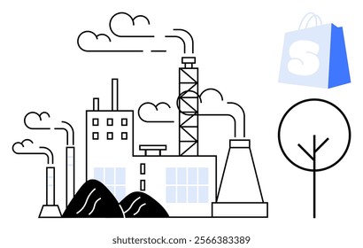 A factory emitting smoke, a tree, and a shopping bag icon. Ideal for commerce, environment, industrial impact, retail, urban design. Modern vector illustration using black, white, and blue colors