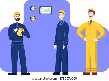 Fabrikangestellter in blauer SchutzUniform, Schutzbrille und gelbem Helm, mit einer Tablette in den Händen kontrolliert die Leistungsfähigkeit einer industriellen Produktionsmaschine