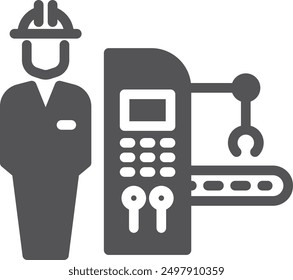 Factory engineer worker with industrial machinery black icon