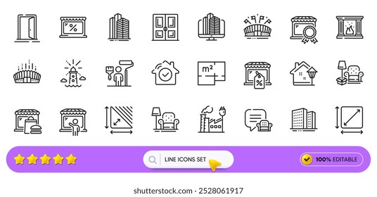 Factory, Enterprise and Lounge place line icons for web app. Pack of Buildings, Lighthouse, Square area pictogram icons. Food market, Market sale, Arena stadium signs. Open door. Search bar. Vector