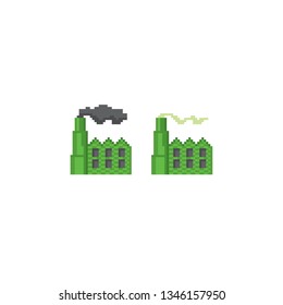 Factory. Environmental Protection. Ecology. Clean energy. Pixel art. Old school computer graphic. Element design stickers, logo, mobile app, menu. 8 bit video game. Game assets 8-bit sprite. 16-bit.