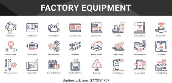 FACTORY EQUIPMENT  Icon set collection. Vector icon pack featuring thematic icons for your presentations or business.